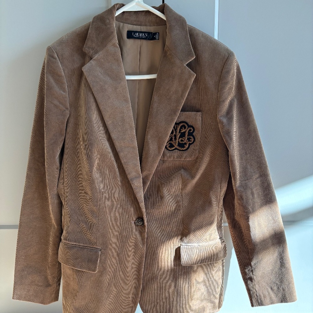 Ralph Lauren Bullion Logo Corduroy Single Breasted Blazer Camel Women's Size 10